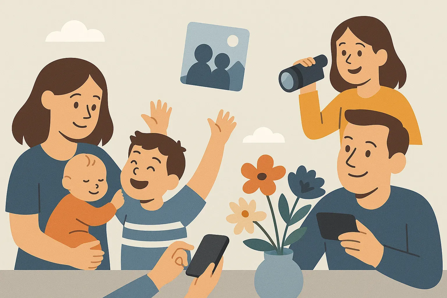 Eine Familie lacht gemeinsam auf dem Sofa, während einer ein Handy hochhält – bereit, einen dieser kostbaren Alltagsmomente in einem emotionalen Erinnerungsfilm festzuhalten.